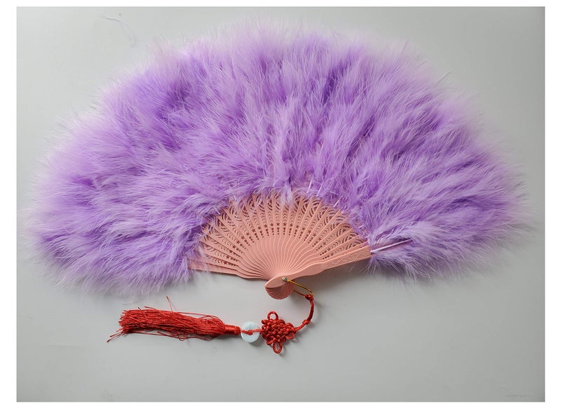 HAPPY FEATHER مروحة يد من ريش المارابو السعيد، طراز فلابر من عشرينيات القرن الماضي لمناسبات الأزياء والرقص - بنفسجي فاتح - Image 4